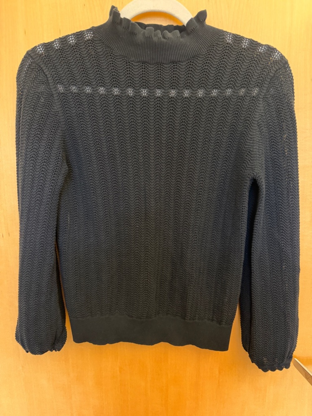 J.crew black 100% cotton ruffle neck semi sheer sweater size small